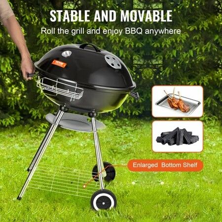 22 inch Kettle Charcoal Grill Premium Kettle Grill with Wheels and Cover Porcelain-Enameled Lid and Ash Catcher & Thermometer for BBQ Round Barbecue Grill