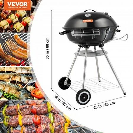 22 inch Kettle Charcoal Grill Premium Kettle Grill with Wheels and Cover Porcelain-Enameled Lid and Ash Catcher & Thermometer for BBQ Round Barbecue Grill