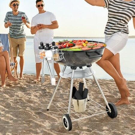 22 inch Kettle Charcoal Grill Premium Kettle Grill with Wheels and Cover Porcelain-Enameled Lid and Ash Catcher & Thermometer for BBQ Round Barbecue Grill