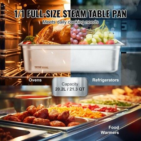 6 Pack Hotel Pans Full Size Anti-Jam Steam Pan 0.8mm Thick Stainless Steel Restaurant Steam Table Pan 6-Inch Deep Commercial Table Pan Catering Storage