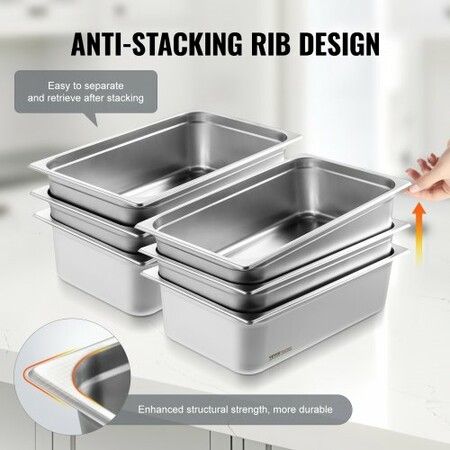 6 Pack Hotel Pans Full Size Anti-Jam Steam Pan 0.8mm Thick Stainless Steel Restaurant Steam Table Pan 6-Inch Deep Commercial Table Pan Catering Storage