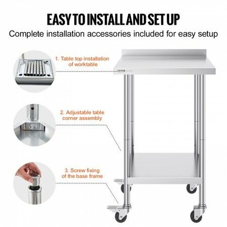 24 x 24 x 40 Inch Stainless Steel Work Table Commercial Food Prep Worktable with Casters Heavy Duty Prep Worktable Metal Work Table with Adjustable Height