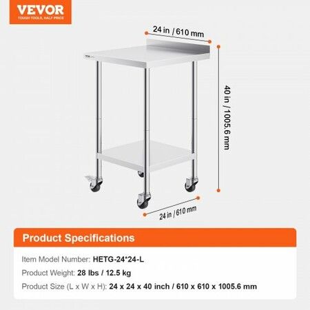 24 x 24 x 40 Inch Stainless Steel Work Table Commercial Food Prep Worktable with Casters Heavy Duty Prep Worktable Metal Work Table with Adjustable Height