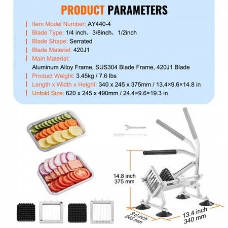 Commercial Vegetable Slicer 1/4"+3/8"+1/2" Fruit Slicer Stainless Steel and Aluminum Alloy Vegetable Cutter Slicer Machine Manual Slicer with Non-slip Feet