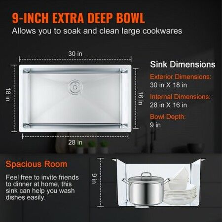 Kitchen Sink 304 Stainless Steel Drop-In Sinks Undermount Single Bowl Basin with Accessories(Pack of 3) Household Dishwasher Sinks for Workstation RV Prep