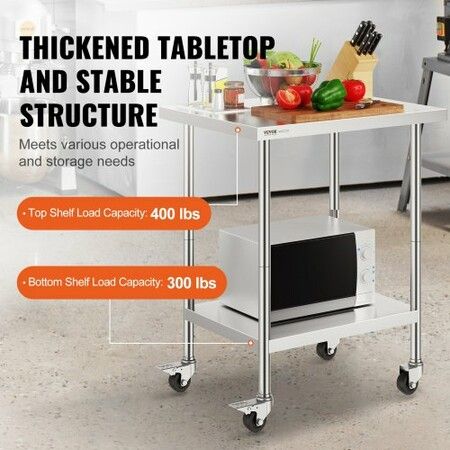 Stainless Steel Work Table 24x30x38 Inch with 4 Wheels 3 Adjustable Height Levels Heavy Duty Food Prep Worktable for Commercial Kitchen Restaurant Silver