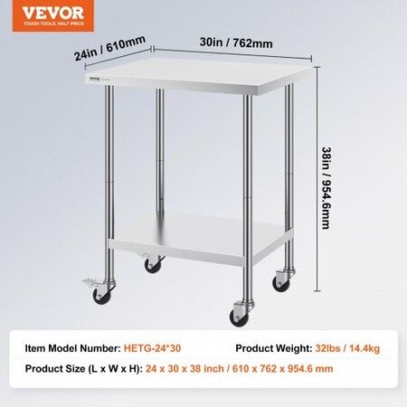 Stainless Steel Work Table 24x30x38 Inch with 4 Wheels 3 Adjustable Height Levels Heavy Duty Food Prep Worktable for Commercial Kitchen Restaurant Silver