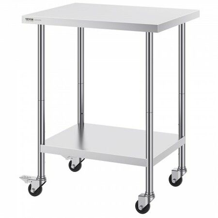 Stainless Steel Work Table 24x30x38 Inch with 4 Wheels 3 Adjustable Height Levels Heavy Duty Food Prep Worktable for Commercial Kitchen Restaurant Silver