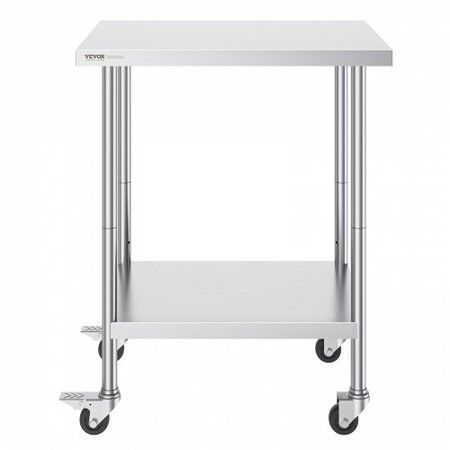 Stainless Steel Work Table 24x30x38 Inch with 4 Wheels 3 Adjustable Height Levels Heavy Duty Food Prep Worktable for Commercial Kitchen Restaurant Silver