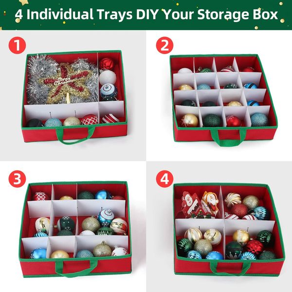 Christmas Ornament Storage Box,Holiday Storage Containers with 4 Separate Removable Trays,Decoration Organizer keep 64 to128 Christmas Ball Ornaments