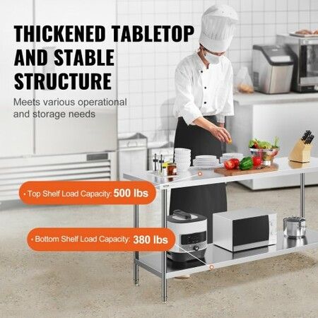 Stainless Steel Prep Table 24x72x34 Inch Heavy Duty Metal Worktable with 3 Adjustable Height Levels Commercial Workstation for Kitchen Garage Restaurant