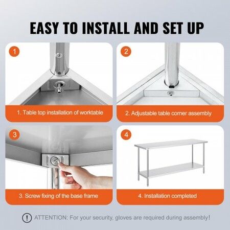 Stainless Steel Prep Table 24x72x34 Inch Heavy Duty Metal Worktable with 3 Adjustable Height Levels Commercial Workstation for Kitchen Garage Restaurant