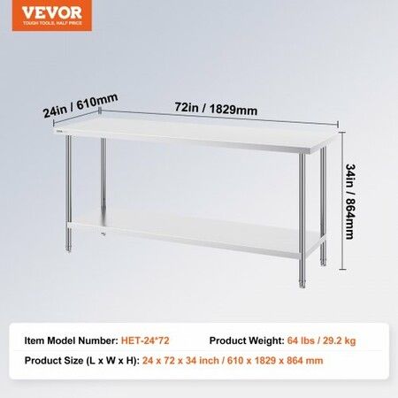 Stainless Steel Prep Table 24x72x34 Inch Heavy Duty Metal Worktable with 3 Adjustable Height Levels Commercial Workstation for Kitchen Garage Restaurant