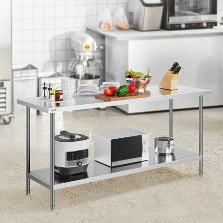 Stainless Steel Prep Table 24x72x34 Inch Heavy Duty Metal Worktable with 3 Adjustable Height Levels Commercial Workstation for Kitchen Garage Restaurant