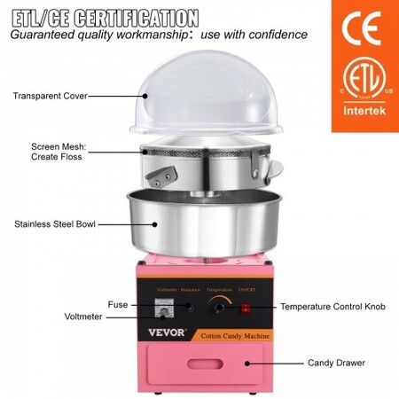 Commercial Cotton Candy Machine with Cover Sugar Floss Maker 1000W Party