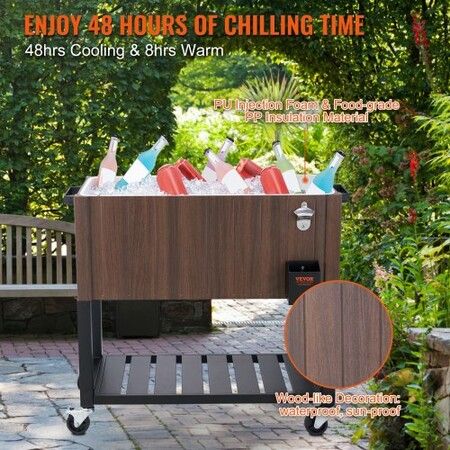 Rolling Ice Chest Cooler Cart 80 Quart Portable Bar Drink Cooler Beverage Bar Stand Up Cooler w/ Wheels Bottle Opener Handles for Patio Backyard Party Pool