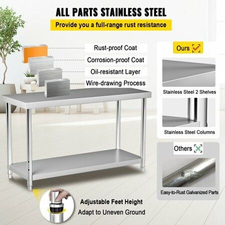 Stainless Steel Prep Table 122 x 76 x 87 cm 250kg Load Capacity Heavy Duty Metal Worktable with Adjustable Undershelf Commercial Workstation