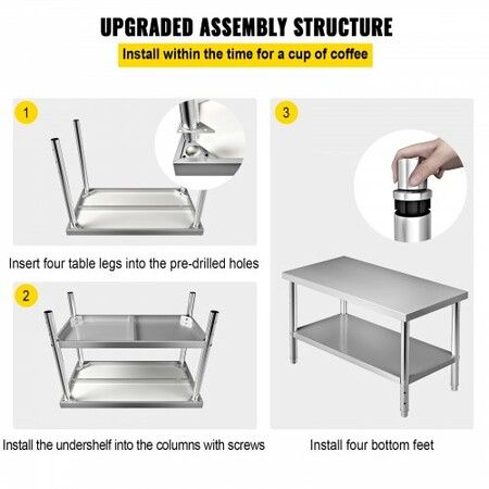 Stainless Steel Prep Table 122 x 76 x 87 cm 250kg Load Capacity Heavy Duty Metal Worktable with Adjustable Undershelf Commercial Workstation