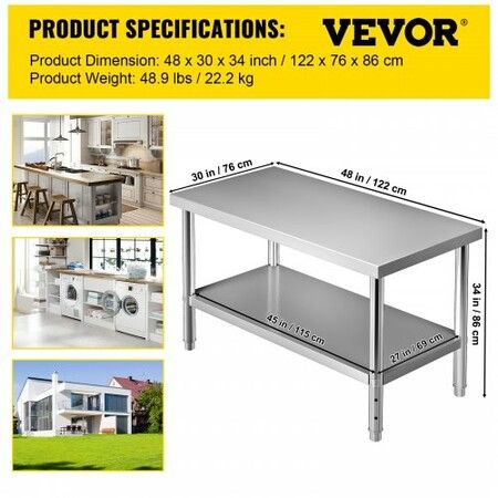 Stainless Steel Prep Table 122 x 76 x 87 cm 250kg Load Capacity Heavy Duty Metal Worktable with Adjustable Undershelf Commercial Workstation