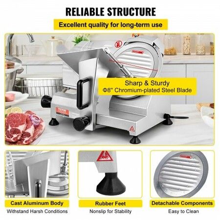 Commercial Meat Slicer 200W Electric Deli Food Slicer 350-400RPM Meat Slicer w/ 8" Carbon Steel Blade 0-0.47 inch Adjustable Thickness Electric Meat Slicer