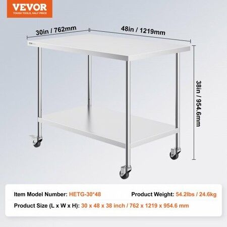 Stainless Steel Work Table 30x48x38 Inch with 4 Wheels 3 Adjustable Height Levels Heavy Duty Food Prep Worktable for Commercial Kitchen Restaurant Silver