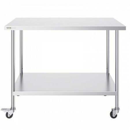 Stainless Steel Work Table 30x48x38 Inch with 4 Wheels 3 Adjustable Height Levels Heavy Duty Food Prep Worktable for Commercial Kitchen Restaurant Silver