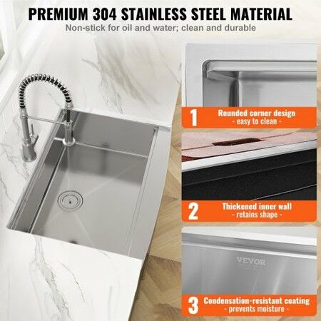 Farmhouse Kitchen Sink 304 Stainless Steel Drop-In Sinks Top Mount Single Bowl Basin with Ledge & Accessories Household Dishwasher Sinks for Workstation