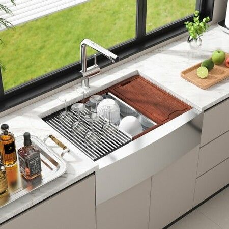 Farmhouse Kitchen Sink 304 Stainless Steel Drop-In Sinks Top Mount Single Bowl Basin with Ledge & Accessories Household Dishwasher Sinks for Workstation