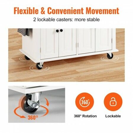 Kitchen Island Cart with Solid Wood Top 900 mm Width Mobile Carts with Storage Cabinet Rolling Kitchen Table with Spice Rack Towel Rack and Drawer