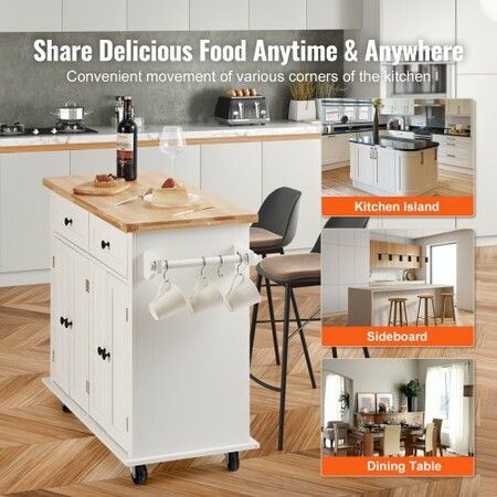 Kitchen Island Cart with Solid Wood Top 900 mm Width Mobile Carts with Storage Cabinet Rolling Kitchen Table with Spice Rack Towel Rack and Drawer