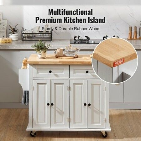 Kitchen Island Cart with Solid Wood Top 900 mm Width Mobile Carts with Storage Cabinet Rolling Kitchen Table with Spice Rack Towel Rack and Drawer