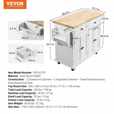 Kitchen Island Cart with Solid Wood Top 900 mm Width Mobile Carts with Storage Cabinet Rolling Kitchen Table with Spice Rack Towel Rack and Drawer