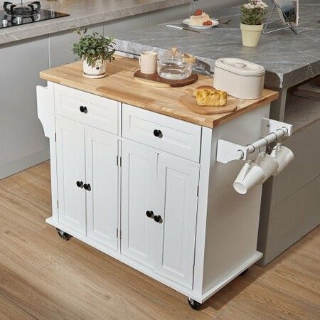 Kitchen Island Cart with Solid Wood Top 900 mm Width Mobile Carts with Storage Cabinet Rolling Kitchen Table with Spice Rack Towel Rack and Drawer