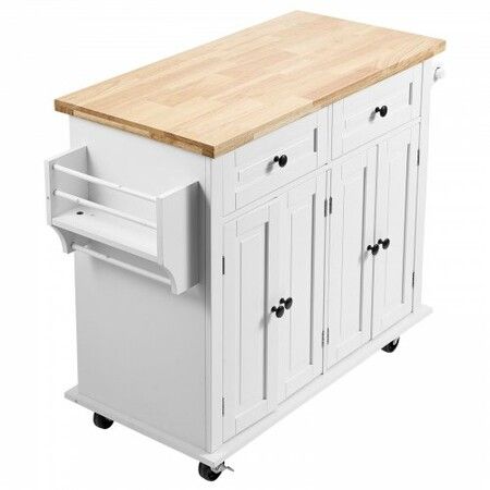 Kitchen Island Cart with Solid Wood Top 900 mm Width Mobile Carts with Storage Cabinet Rolling Kitchen Table with Spice Rack Towel Rack and Drawer