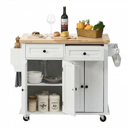 Kitchen Island Cart with Solid Wood Top 900 mm Width Mobile Carts with Storage Cabinet Rolling Kitchen Table with Spice Rack Towel Rack and Drawer