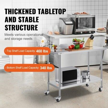 Stainless Steel Work Table 24x48x38 Inch with 4 Wheels 3 Adjustable Height Levels Heavy Duty Food Prep Worktable for Commercial Kitchen Restaurant Silver