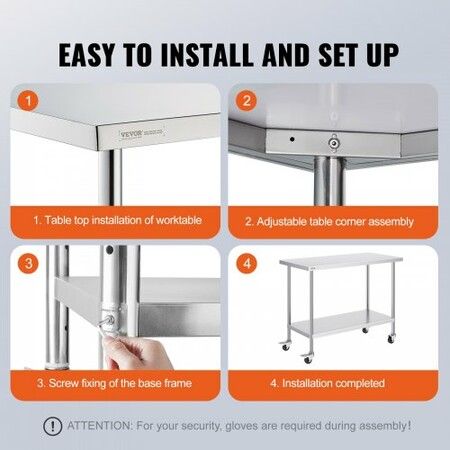 Stainless Steel Work Table 24x48x38 Inch with 4 Wheels 3 Adjustable Height Levels Heavy Duty Food Prep Worktable for Commercial Kitchen Restaurant Silver