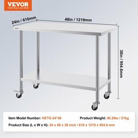 Stainless Steel Work Table 24x48x38 Inch with 4 Wheels 3 Adjustable Height Levels Heavy Duty Food Prep Worktable for Commercial Kitchen Restaurant Silver