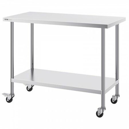 Stainless Steel Work Table 24x48x38 Inch with 4 Wheels 3 Adjustable Height Levels Heavy Duty Food Prep Worktable for Commercial Kitchen Restaurant Silver