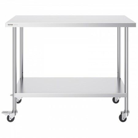 Stainless Steel Work Table 24x48x38 Inch with 4 Wheels 3 Adjustable Height Levels Heavy Duty Food Prep Worktable for Commercial Kitchen Restaurant Silver