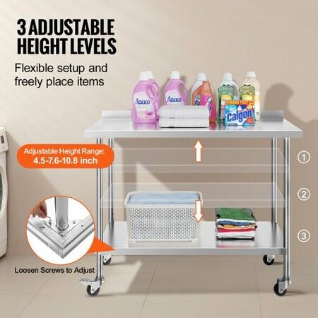 24x48x40 Inch Stainless Steel Work Table Commercial Food Prep Worktable with Casters Heavy Duty Prep Worktable Metal Work Table with Adjustable Height