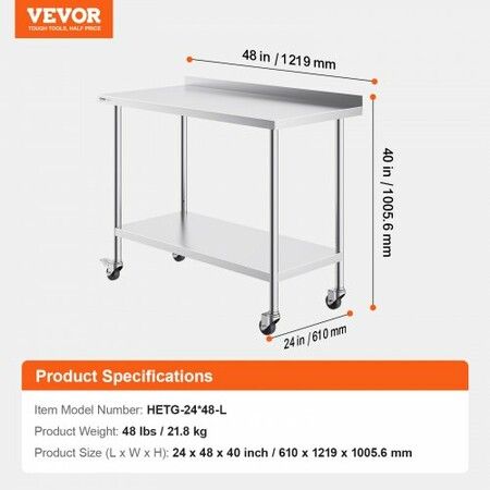 24x48x40 Inch Stainless Steel Work Table Commercial Food Prep Worktable with Casters Heavy Duty Prep Worktable Metal Work Table with Adjustable Height