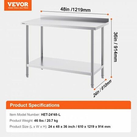 24 x 48 x 36 Inch Stainless Steel Work Table Commercial Food Prep Worktable Heavy Duty Prep Worktable Metal Work Table with Adjustable Height