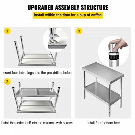 Stainless Steel Prep Table 122x46x86 cm 250kg Load Capacity Heavy Duty Metal Worktable with Adjustable Undershelf Commercial Workstation