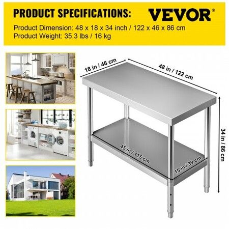 Stainless Steel Prep Table 122x46x86 cm 250kg Load Capacity Heavy Duty Metal Worktable with Adjustable Undershelf Commercial Workstation