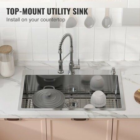 Kitchen Sink 304 Stainless Steel Drop-In Sinks Top Mount Single Bowl Basin with Accessories(Pack of 3) Household Dishwasher Sinks for Workstation RV