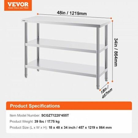 Stainless Steel Food Prep Table 18 x 48 x 34 Inch Commercial Kitchen Worktable with 2 Adjustable Undershelf Heavy Duty Prep Table Metal Work Table