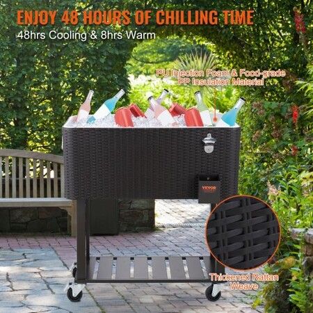 80Qt Rolling Cooler Cart with Bottle Opener Drainage Patio Party Bar Drink