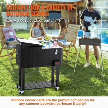 80Qt Rolling Cooler Cart with Bottle Opener Drainage Patio Party Bar Drink