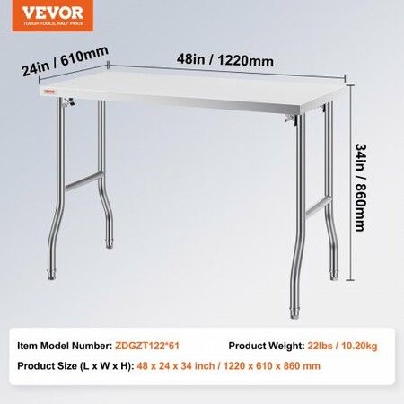 Stainless Steel Kitchen Bench Folding Commercial Prep Table 1220x610 mm